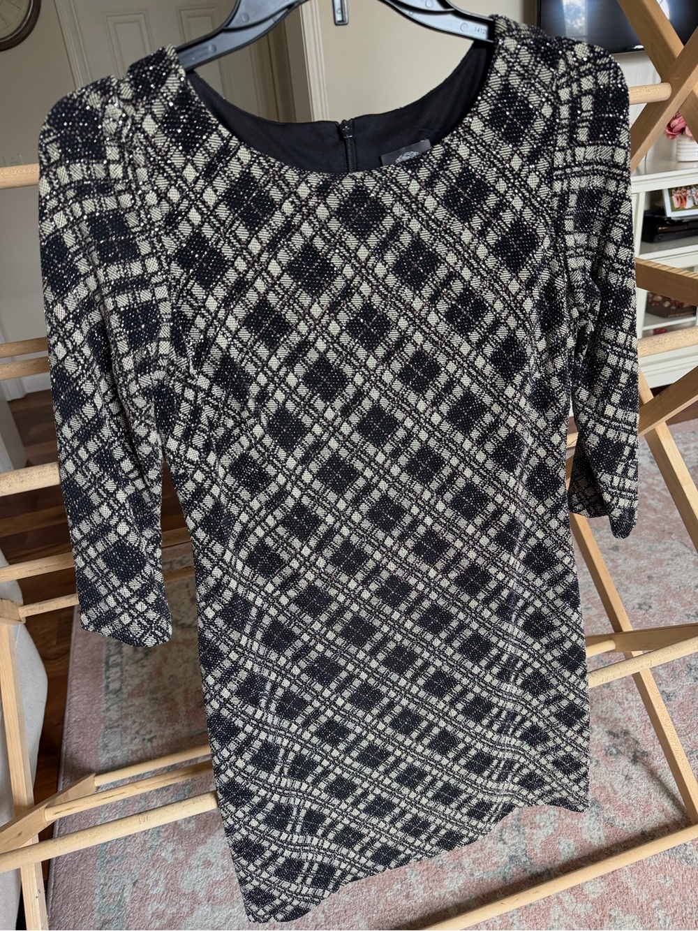 Vince Camuto Black and Cream Plaid Glitter Knit Sheath Dress
